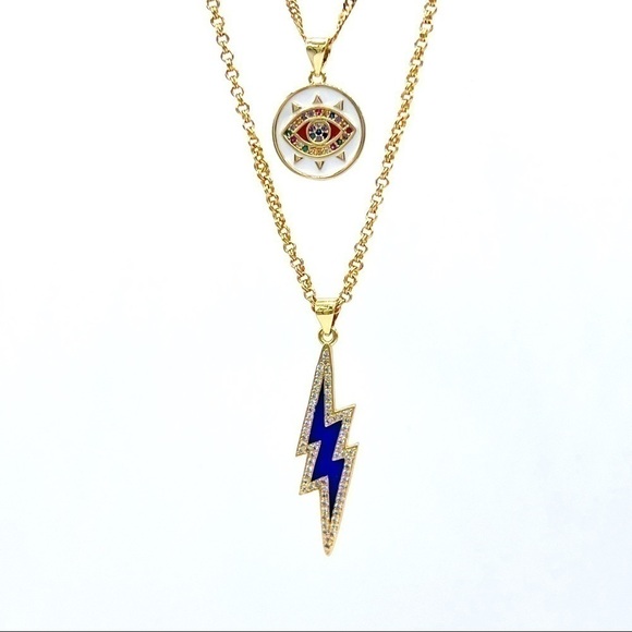 THREE Layers Of Gold Necklace With Evil Eye And Lightening Charm. - Picture 2 of 3